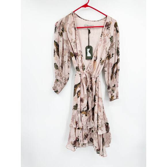 All Saints Ari Peggy Floral Print Blush Long Sleeve Wrap Dress Size 4 NWT - Picture 2 of 6